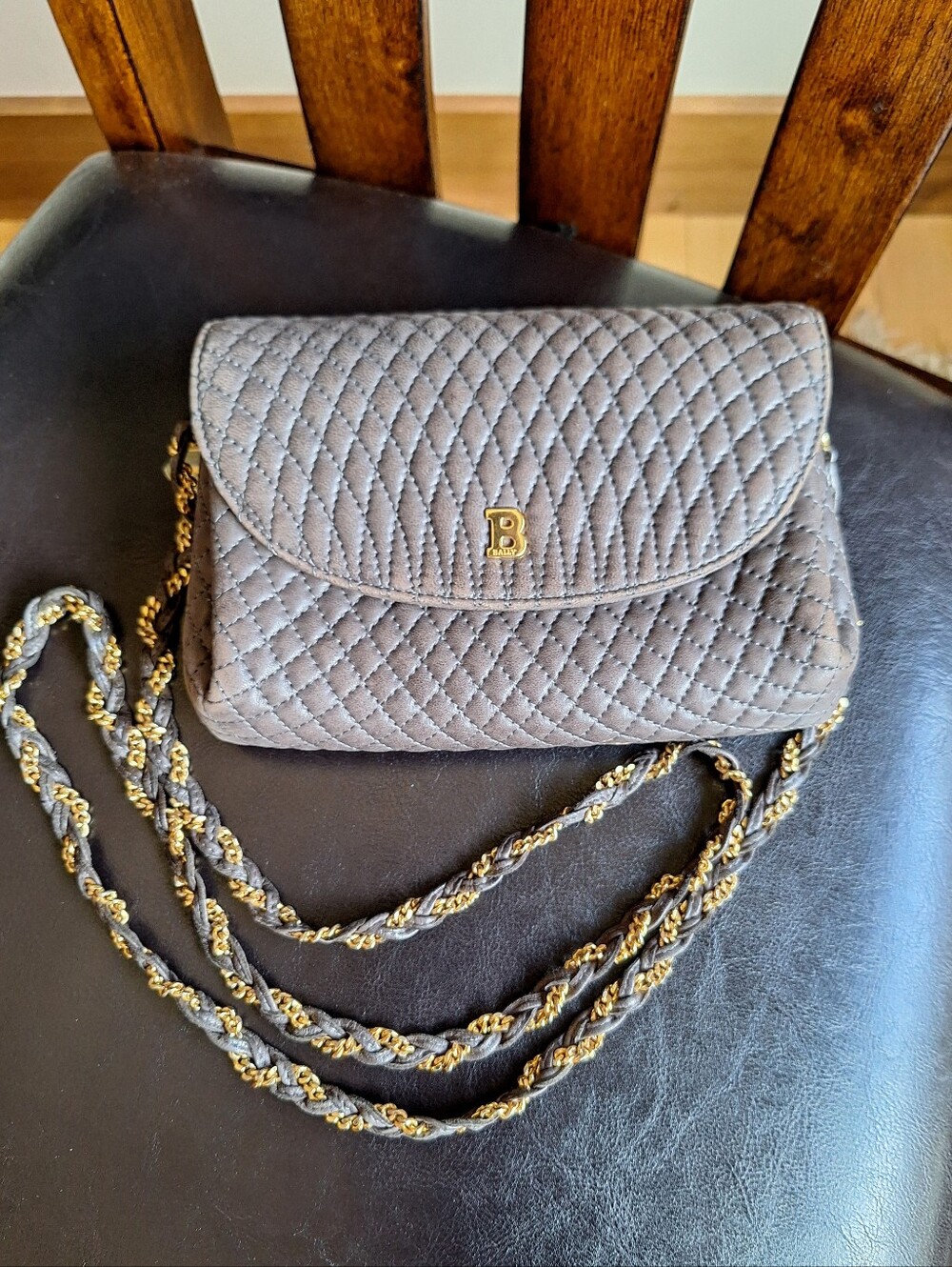 Authentic Vintage Bally Gray Quilted Suede Chain Flap Crossbody Shoulder Bag